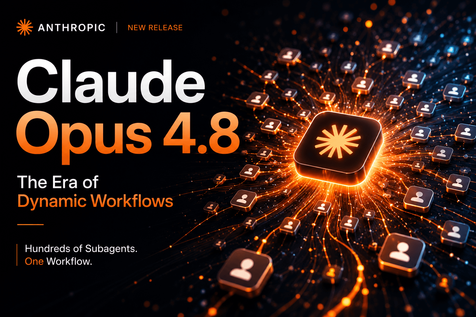 Use a developer-tech visual with a dark Claude Code terminal, a workflow graph, and many small subagent nodes branching from a central Opus 4.8 model. Highlight “Claude Opus 4.8,” “Dynamic Workflows,” “Hundreds of Subagents,” and “Long-Running AI Coding Tasks.” Include subtle references to Bun Zig-to-Rust migration and code review. A clean 16:9 cover with high contrast, readable text, and an engineering-dashboard feel will work well for blogs and social sharing.
