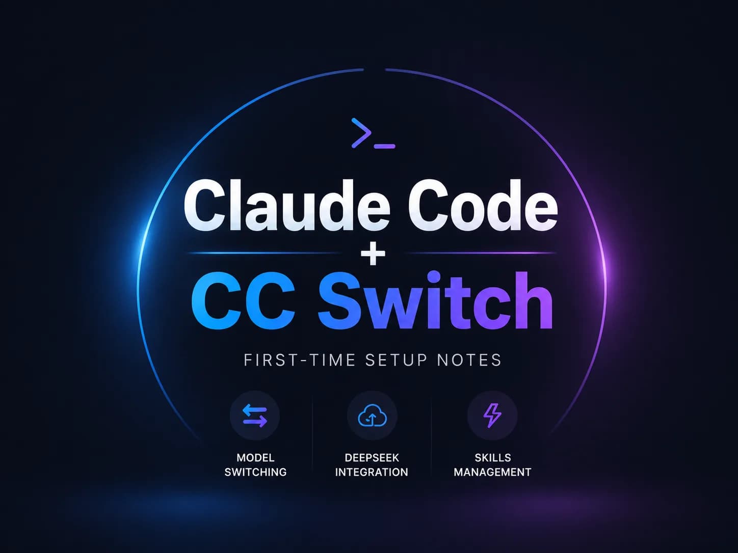 Use a practical developer-style cover with a terminal, a visual configuration panel, model switch controls, and a Skills management view. Make Claude Code and CC Switch the first-viewport signal, and emphasize that the article is a hands-on setup guide rather than a product announcement.